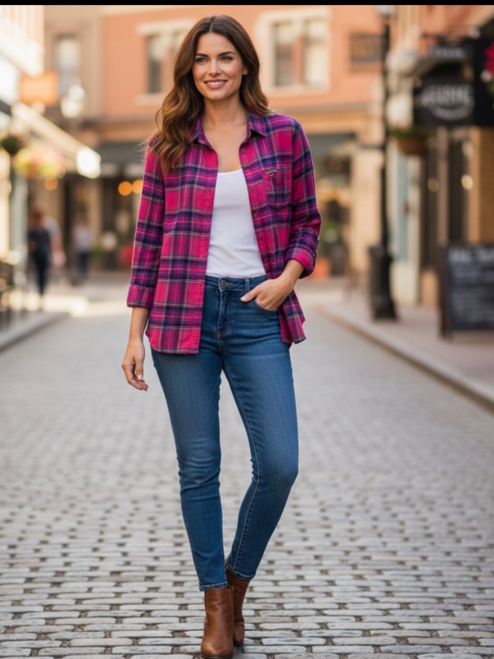 Hollister Flannel Button Up Shirt Womens Medium Embroidered Logo Plaid Pink Blue